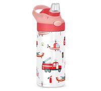Bouteille d'eau chaude et froide avec paille isotherme en acier inoxydable pour filles et écoles - 350 ml - Motif camions de pompiers, hélicoptères, avions