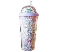 Bouteille d'eau créative arc-en-ciel en plastique - 550 ml - Double couche - Paillettes brillantes - Avec couvercle en paille