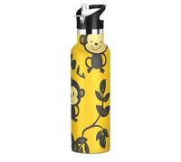 Bouteille d'eau de 591 ml avec poignée, motif singe de dessin animé, noir, étanche, sans BPA, réutilisable, double paroi chaude et froide pour l'école et les sports de plein air