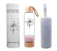 Bouteille d'eau de gemme infusée d'élixir de cristal de bien-être en bambou, bouteille d'eau de cristal de pierre précieuse naturelle verre de guérison de pierre précieuse de gravier de quartz, 400ML
