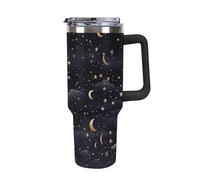 Bouteille d'eau de grande capacité de 1180 ml avec motif d'étoiles et de lune sur fond sombre - Bouteille d'eau isotherme à double paroi sous vide - Gobelet étanche avec poignée et paille