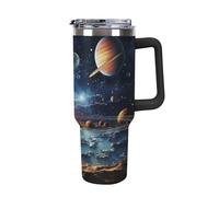 Bouteille d'eau de grande capacité de 1180 ml avec poignée et paille pour voiture, motif planètes, étoiles et gala
