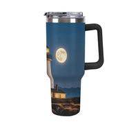 Bouteille d'eau de grande capacité de 1180 ml avec poignée et paille pour voiture - Phare au clair de lune - Double paroi isotherme