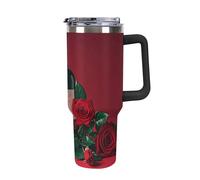 Bouteille d'eau de grande capacité de 1180 ml - Bouteille d'eau isotherme sous vide à double paroi avec poignée et paille - Motif roses rouges et vin