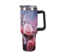 Bouteille d'eau de grande capacité pour voiture - 1180 ml - Motif roses et papillons - Double paroi isotherme sous vide - Anti-fuite - Avec poignée et paille
