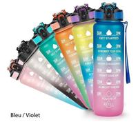 Bouteille d'eau de sport avec marquage de l'heure, 1 L avec paille et sangle de transport, Bleu / Violet