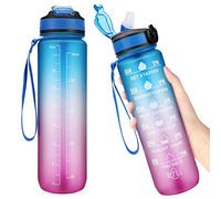 Bouteille d'eau de sport avec marquage de l'heure - Bouteille d'eau de 1 litre avec paille - Gourde étanche sans BPA, bouteille de sport pour hommes, femmes, cyclisme, randonnée, course à pied (Bleu)