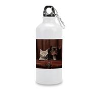Bouteille d'eau de sport en aluminium blanc, 600 ml, chat et chien assis dans une poche en cuir, réutilisable, étanche, portable, isotherme avec mousqueton pour vélo, camping, voyage