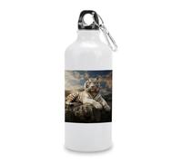Bouteille d'eau de sport en aluminium blanc, 600 ml, tigre majestueux reposant sur un rockimprimé, réutilisable, étanche, portable, isotherme avec mousqueton pour vélo, camping, voyage