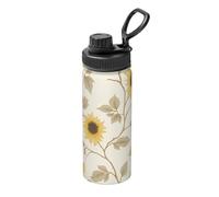 Bouteille d'eau de sport isotherme en acier inoxydable anti-fuite, motif tournesols avec lignes dorées, 532 ml, bouteille de voyage pour randonnée à vélo
