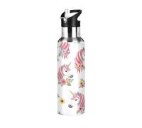 Bouteille d'eau de sport isotherme sans BPA de 946 ml en acier inoxydable avec paille pour salle de sport, voyage, école, têtes de licorne, fleurs colorées