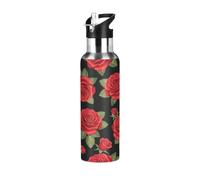 Bouteille d'eau de sport isotherme sans BPA en acier inoxydable avec paille pour salle de sport, voyage, école, 946 ml, fleur rouge