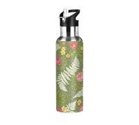 Bouteille d'eau de sport isotherme sans BPA en acier inoxydable pour salle de sport, extérieur, voyage, école, fleurs botaniques vintage - Vert