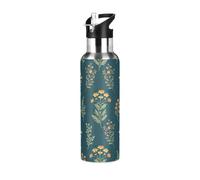 Bouteille d'eau de sport isotherme sans BPA en acier inoxydable pour salle de sport, voyage, école, fleurs sauvages, orange, vert