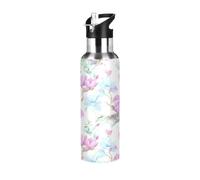 Bouteille d'eau de sport sans BPA avec paille - 946 ml - Bouteille d'eau isotherme pour salle de sport, extérieur, voyage, école, fleurs de magnolia bleues et roses