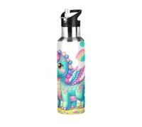 Bouteille d'eau de sport sans BPA avec paille de 591 ml, bouteille d'eau isotherme en acier inoxydable avec paille pour salle de sport, voyage, école, dessin animé dinosaure licorne