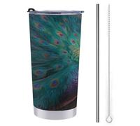 Bouteille d'eau de voyage Majestic Peacock de 591 ml, tasse à café isotherme en acier inoxydable avec couvercle à paille et brosse de nettoyage