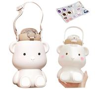 Bouteille d'eau d'ours, bouteille 'eau isolée 450 ml 8x5 en acier inoxydable ours mignon avec poignée, couvercle, paille de silicone, sangle réglable, autocollant bricolage et pinceau pour l'extérie
