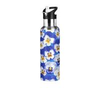Bouteille d'eau en acier inoxydable de 591 ml - Étanche - Pour salle de sport, extérieur, voyage, école - Fleurs de pensées bleues et blanches