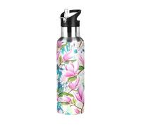 Bouteille d'eau en acier inoxydable de 591 ml - Étanche - Pour salle de sport, extérieur, voyage, école - Fleurs de magnolia et feuilles - Rose