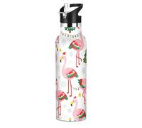 Bouteille d'eau en métal pour enfants avec pailles, isolation sous vide à double paroi, anti-fuite, motif flamants roses Merry Christmas - Pour voyage, camping, vélo