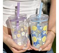 Bouteille d'eau en plastique de 16 oz avec imprimé fleur de citron et nœud, avec paille - Conception portable pour le café glacé et l'hydratation - Cadeau parfait pour la famille, les amis, les sœurs,