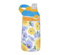 Bouteille d'eau en Tritan pour enfants avec couvercle et poignée à large goulot étanche pour l'école, garçons et filles, motif fleurs d'été, jaune et violet