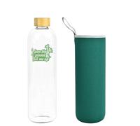 Bouteille d'eau en verre 1,5 L 1500 ml avec couvercle en bambou verre borosilicate avec étui en néoprène vert écologique Save the planet fill me up recyclable réutilisable sans BPA