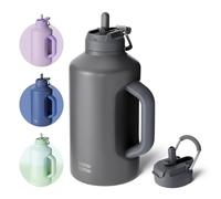 Bouteille d'eau isotherme 1,8 l avec paille et couvercle double usage en acier inoxydable pour homme, poignée isolée sous vide - Gris