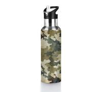 Bouteille d'eau isotherme à double paroi isotherme en acier inoxydable avec couvercle pour sport, randonnée, gym, voyage, style rétro classique, vert camouflage, 7,1 x 27,9 cm