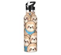 Bouteille d'eau isotherme à double paroi sous vide avec couvercle à bec verseur anti-fuite, sans BPA, réutilisable, motif paresseux de dessin animé, beige, 591 ml