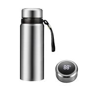 Bouteille d'eau isotherme avec affichage de la température LED, double paroi en acier inoxydable, chaud/froid 24 heures, poignée et paille (argenté, 1,7 l)
