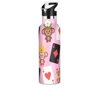 Bouteille d'eau isotherme avec pailles, anti-fuite, sans BPA, motif singe de poker marron, 591 ml, avec pailles, anti-fuite, chaud et froid, double paroi pour voyage, camping, vélo