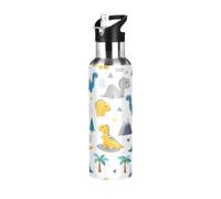 Bouteille d'eau isotherme blanche avec motif de dinosaure mignon de dessin animé, 591 ml, bouteille d'eau anti-fuite, bouteille d'eau de sport sans BPA