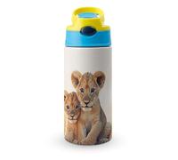 Bouteille d'eau isotherme de 350 ml avec bouchon à paille rabattable - Bouteilles d'eau en acier inoxydable étanches - Petit modèle Lion