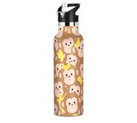 Bouteille d'eau isotherme de 591 ml avec couvercle à paille, pour les voyages, le camping, le vélo - Motif singe mignon marron - Anti-fuite et sans BPA