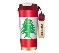 Bouteille d'eau isotherme en acier inoxydable avec couvercle à pailles, motif drapeau du Liban - Anti-fuite - Rouge