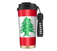 Bouteille d'eau isotherme en acier inoxydable avec couvercle à pailles, motif drapeau du Liban - Anti-fuite - Noir