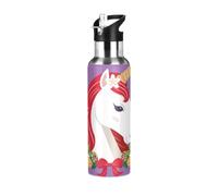 Bouteille d'eau isotherme en acier inoxydable avec paille - 946 ml - Motif licorne rouge - Violet