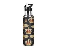 Bouteille d'eau isotherme en acier inoxydable avec paille - 946 ml - Sans BPA - Pour salle de sport, extérieur, voyage, école, abeilles et couronnes royales - Noir