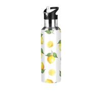 Bouteille d'eau isotherme en acier inoxydable avec paille - 946 ml - Sans BPA - Pour salle de sport, extérieur, voyage, école, jaune citron et feuilles vertes