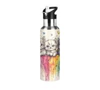 Bouteille d'eau isotherme en acier inoxydable avec paille pour salle de sport, sport en plein air, encre arc-en-ciel et chat, anti-fuite, anti-transpiration, 600 ml