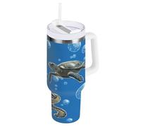 Bouteille d'eau isotherme en acier inoxydable avec poignée et couvercle à paille - Tasse de voyage à double paroi - Tortues - 1200 ml