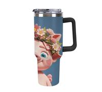 Bouteille d'eau isotherme en acier inoxydable de 40 oz, motif cochon mignon avec couronne, paille rabattable, tasse à café de voyage anti-fuite avec couvercle et paille