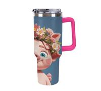Bouteille d'eau isotherme en acier inoxydable de 40 oz, motif cochon mignon avec couronne, paille rabattable, tasse à café de voyage anti-fuite avec couvercle et paille