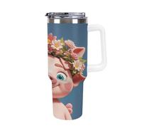 Bouteille d'eau isotherme en acier inoxydable de 40 oz, motif cochon mignon avec couronne, paille rabattable, tasse à café de voyage anti-fuite avec couvercle et paille