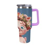 Bouteille d'eau isotherme en acier inoxydable de 40 oz, motif cochon mignon avec couronne, paille rabattable, tasse à café de voyage anti-fuite avec couvercle et paille