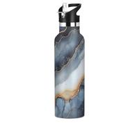 Bouteille d'eau isotherme en marbre bleu marine beige étanche et sans BPA de 591 ml avec paille à double paroi sous vide pour les voyages et le sport