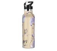 Bouteille d'eau légère isotherme de sport avec pailles, étanche, à double paroi, isolation sous vide, pour garçons et filles - 590 ml - Motif orchidée beige