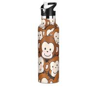 Bouteille d'eau légère réutilisable avec paille à double paroi isolée sous vide pour voyage, camping, sport - Motif singe mignon de dessin animé